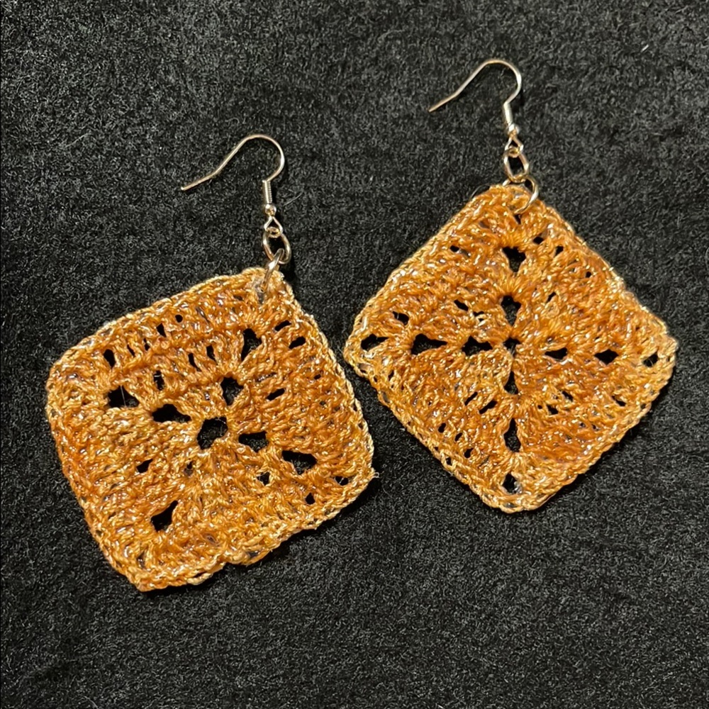 Gold Square Crochet Statement Earrings